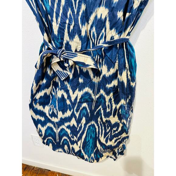 VANESSA BRUNO Blue Printed 100% Cotton V-Neck Belted Amarillo Dress Size 42 - Picture 8 of 12